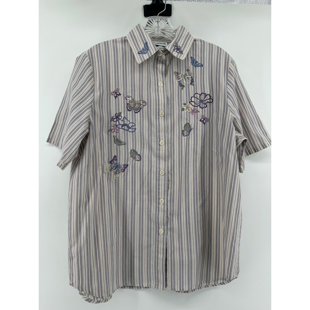 BonWorth Womens Small Butterfly Embroidered Short Sleeve Button Down Cottagecore
